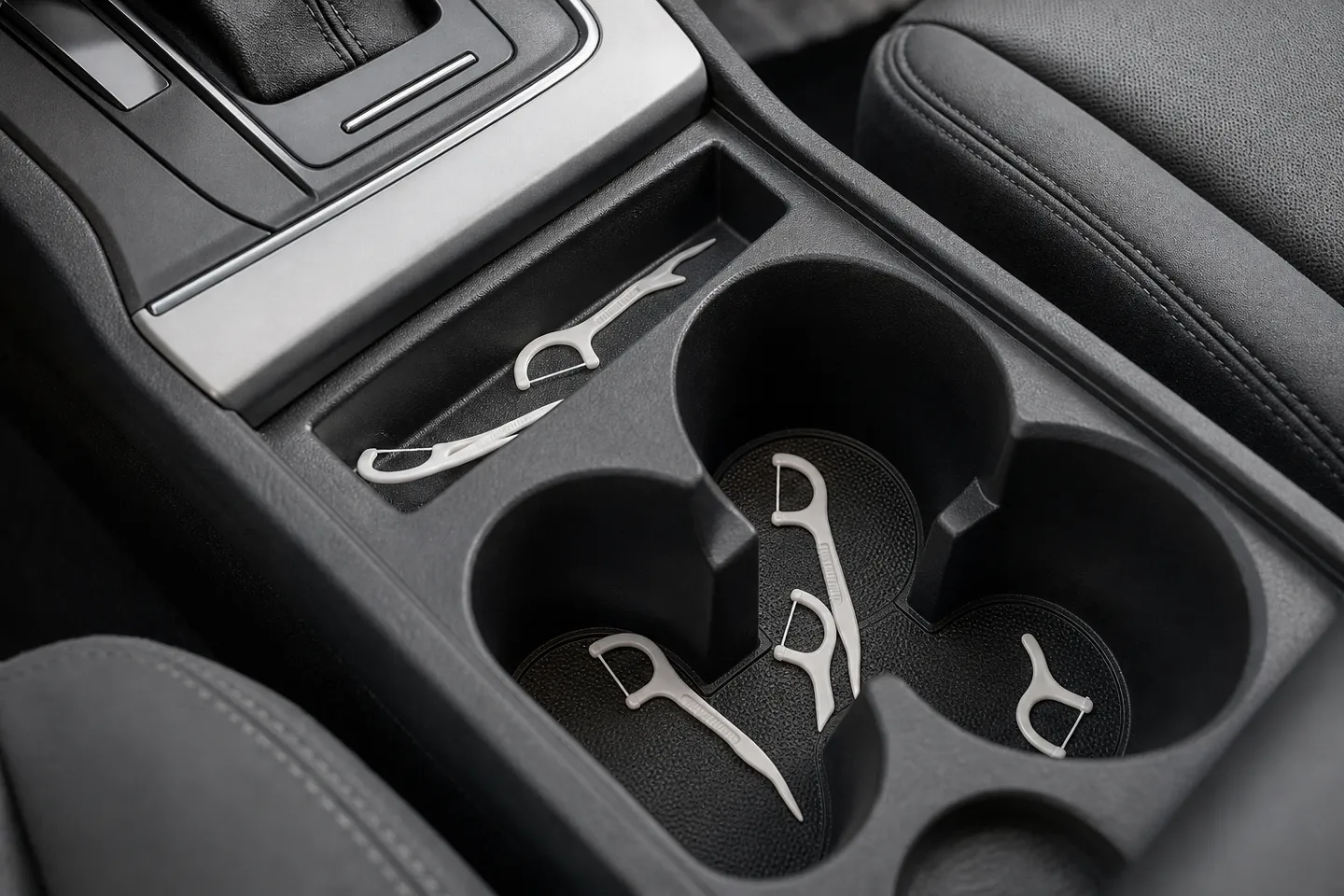 Loose floss picks scattered across car cupholders and a center-console pocket