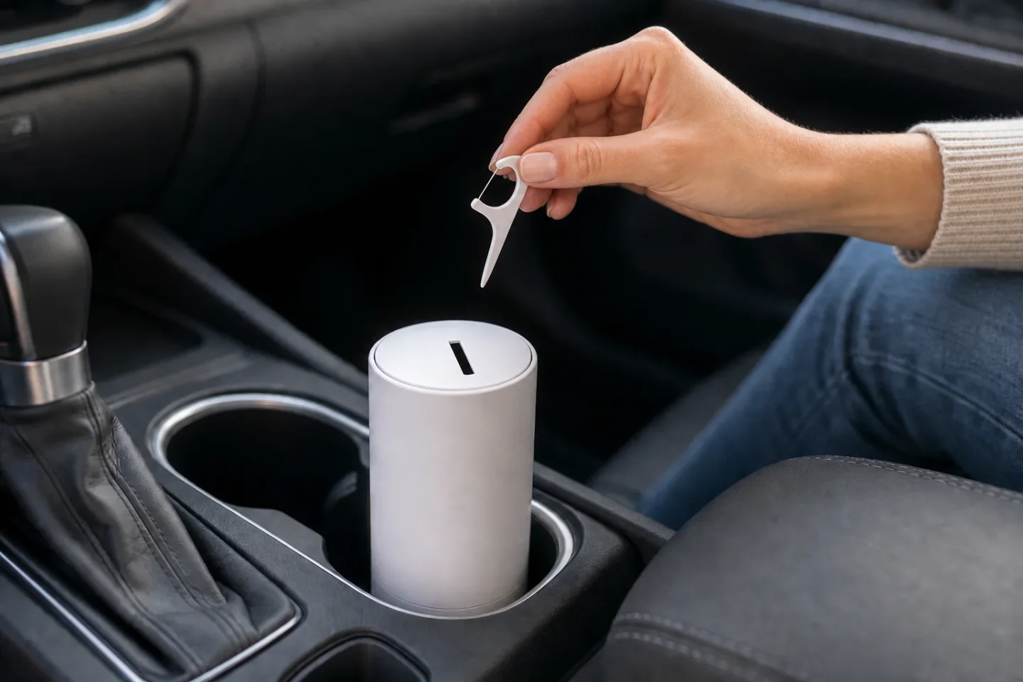 A hand taking a clean floss pick from PickPod in a parked car cupholder